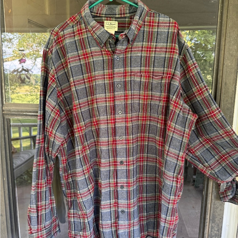 L.L. Bean Men's Casual Red and Gray Plaid Shirt